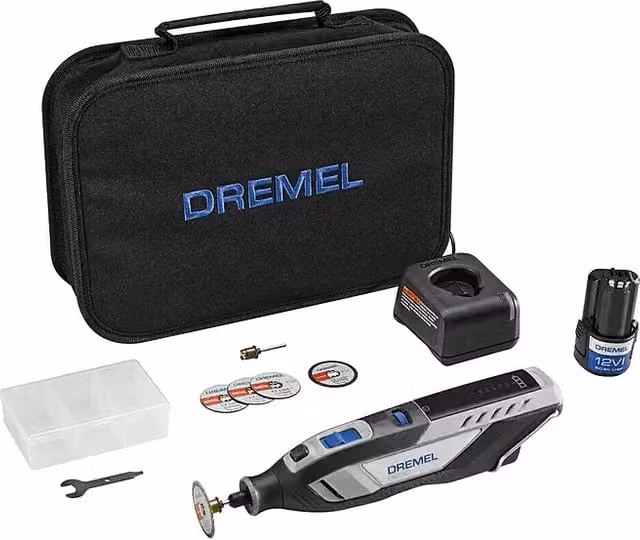 Herramienta rotativa a batería Dremel 8250-5 de 12 V con 1 batería de 2 Ah en color gris y negro