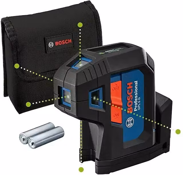 Puntero láser Bosch GPL 5 G de 5 puntos en color azul y negro con zona de trabajo máxima de 30 m