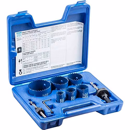 Juego de coronas perforadoras bimetal HSS LS-SO 9 E-1 PFERD para electricistas con 6 coronas de 22-64 mm y 2 husillos
