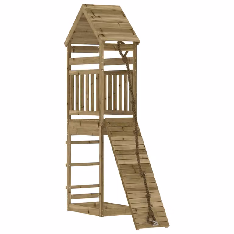 Casa de juegos vidaXL de madera de pino impregnada con pared de escalada y caja de arena en color marrón