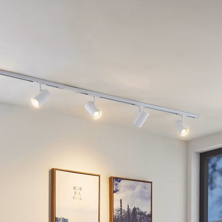 Sistema de riel Lindby Linaro de 4 luces, GU10, atenuable, color blanco, Diámetro: 6 cm
