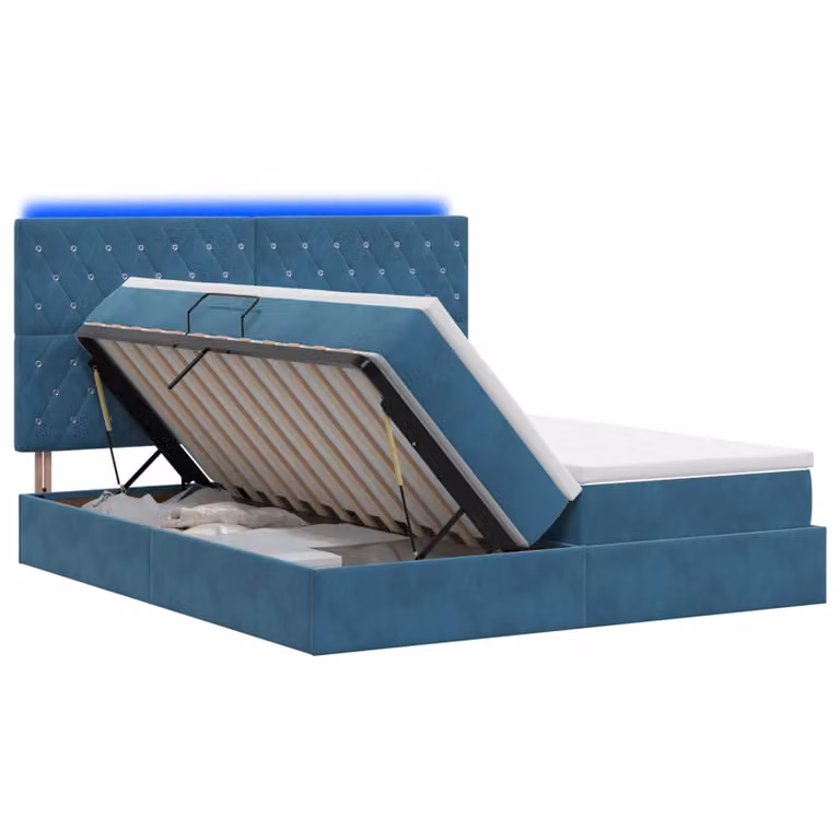 Cama con almacenamiento vidaXL en terciopelo azul con iluminación LED, puerto USB y colchón híbrido de 200 x 200 cm
