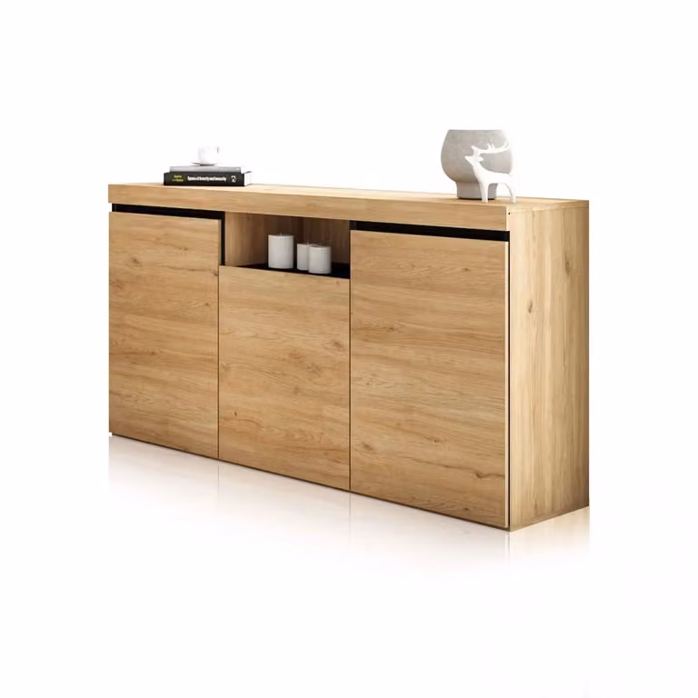 Aparador moderno de 3 puertas y 1 estante abierto DUEHOME en roble, beige, gris y marrón, An/P/Al: 140 x 80 x 40 cm