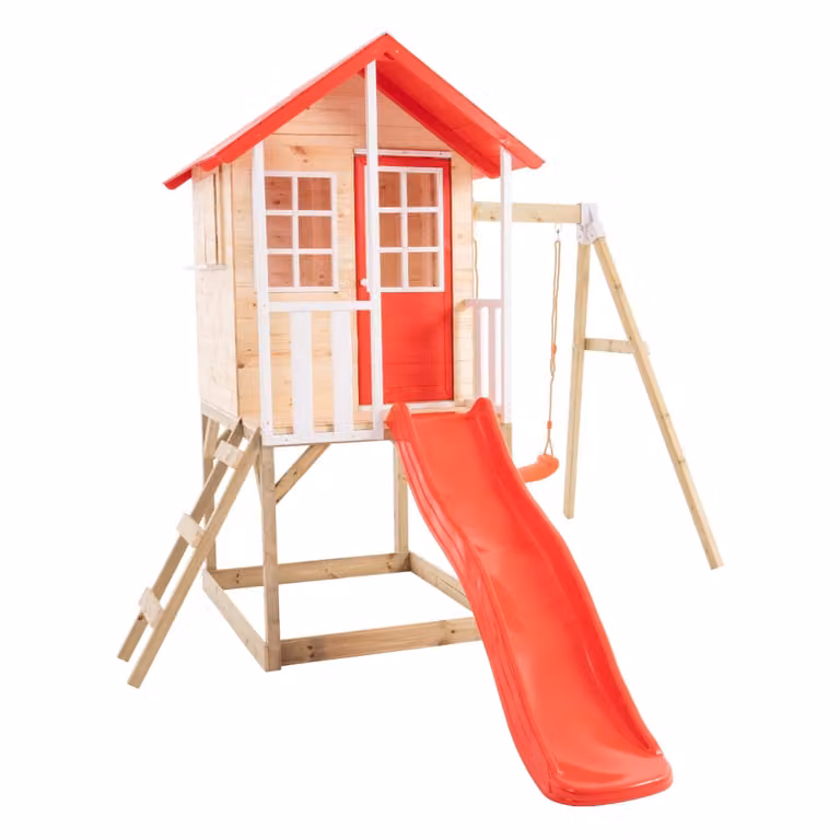 Casita de juegos TP Toys sobre pilotes con tobogán, columpio y caja de arena en madera multicolor