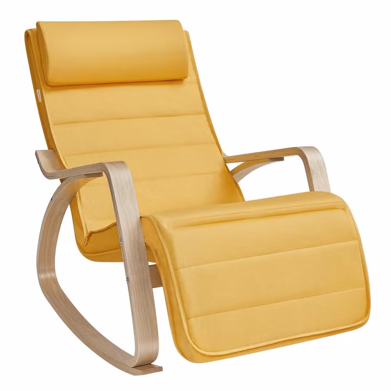Silla Mecedora SONGMICS con Apoyabrazos de Madera de Abedul y Reposapiés Acolchado en Color Amarillo