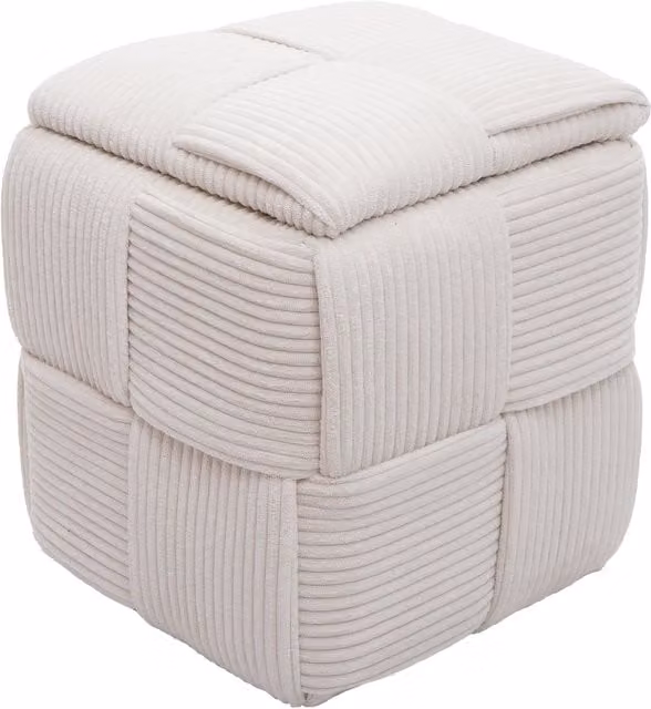 Puf Otomano HHG con Compartimento de Almacenamiento y Tapa, Tapizado en Pana Color Crema, An/P/Al: 43 x 40 x 40 cm
