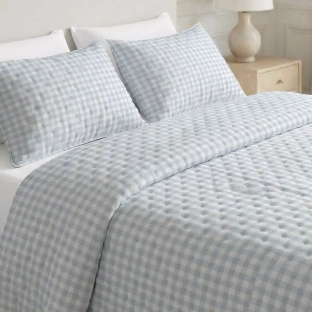 Colcha boutí estampada de microfibra para cama de 135/140 cm, diseño de cuadros en azul y blanco, An/P/Al: 235 x 270 cm
