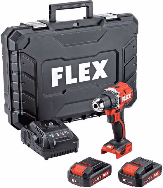 Kit de taladro atornillador inalámbrico Flex DD 2G 18.0-EC LD/2.5 con 2 baterías de 2,5 Ah, 18 V, color gris y rojo