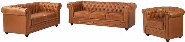 Conjunto de sofás Chesterfield Vente-Unique de 3 plazas, 2 plazas y sillón en piel color marrón con estructura de madera sólida