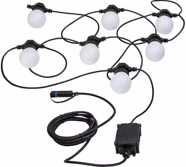 Guirnalda luminosa LED Plug & Shine Paulmann para exterior, color blanco cálido, 7 bombillas tipo esfera, IP44, conectable