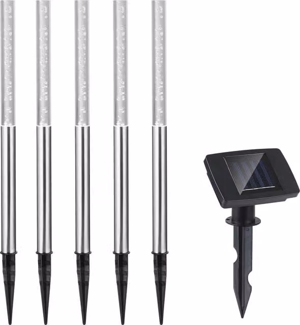 Juego de 5 lámparas solares LED Deuba color blanco para jardín con sensor crepuscular y estaca de suelo