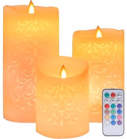 Juego de 3 velas LED de pilar ULISEM con control remoto de 18 teclas, efecto parpadeo y cambio de color multicolor y blanco con temporizador para decoración de fiestas y bodas