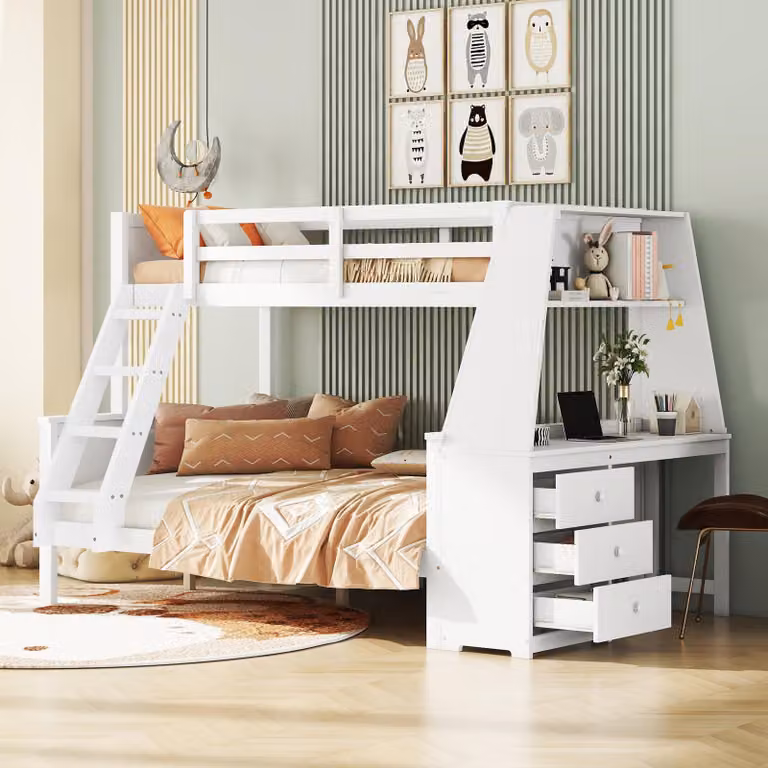 Cama nido juvenil OKWISH con escritorio integrado y almacenamiento, estructura con barandilla alta y dos colchones, color blanco, An/P: 140 x 200 cm