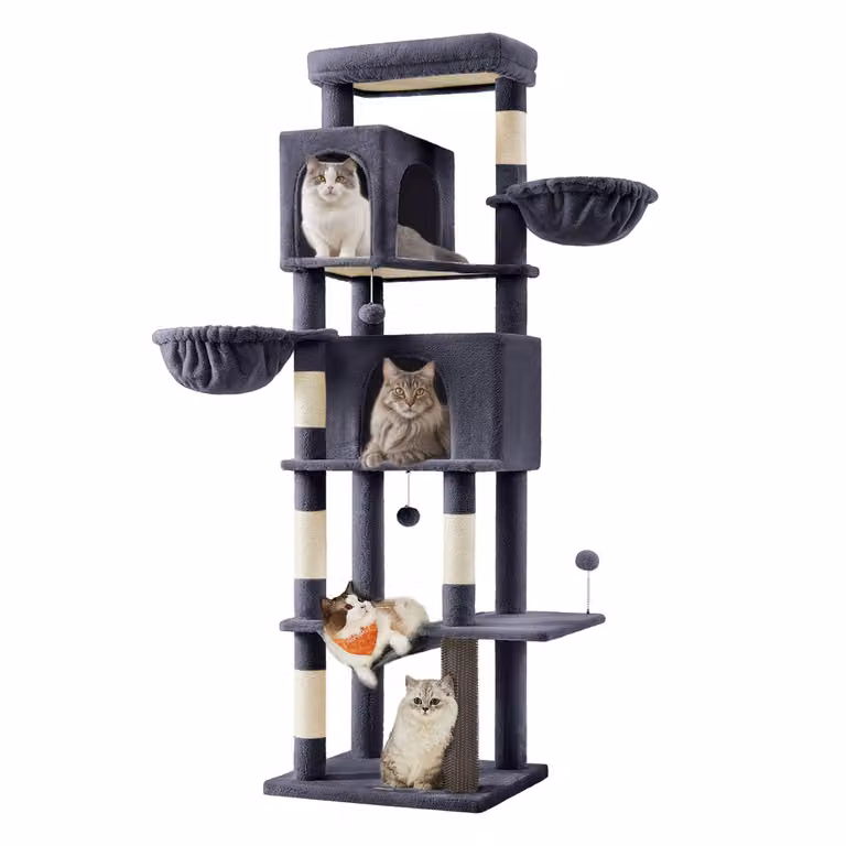 Árbol para gatos Feandrea multinivel con cuevas y hamacas, color gris, Altura: 190,7 cm