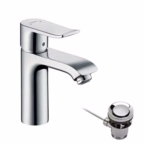 Grifo monomando para lavabo Hansgrohe Metris en acabado cromo con desagüe automático y tecnología de ahorro de agua