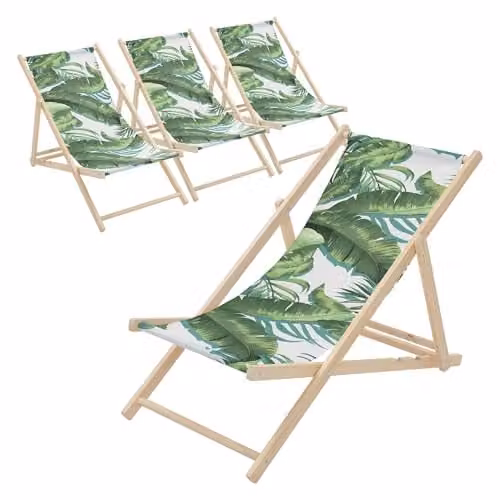 Pack de 4 sillas de playa plegables ECD Germany de madera con diseño tropical verde y blanco, tumbonas con respaldo ajustable en 3 posiciones para jardín, terraza o piscina, hasta 120 kg