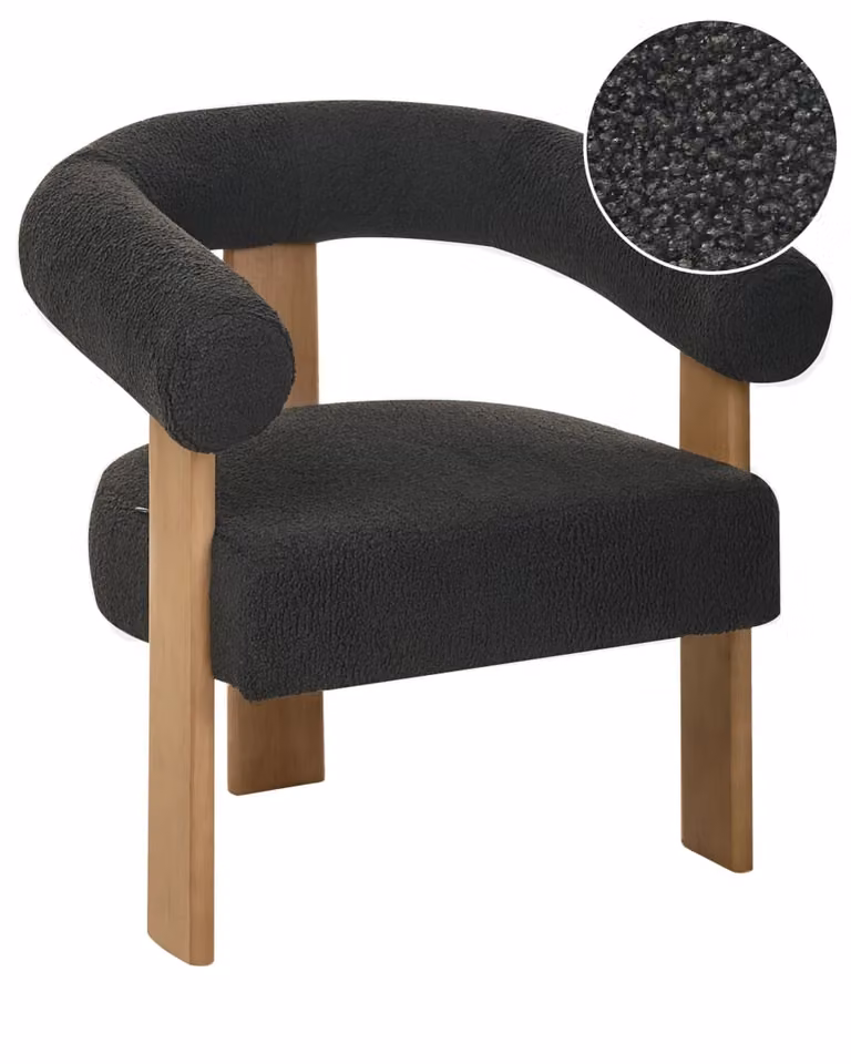 Sillón de salón Beliani en tejido bouclé color negro y marrón oscuro con reposabrazos y estructura de madera
