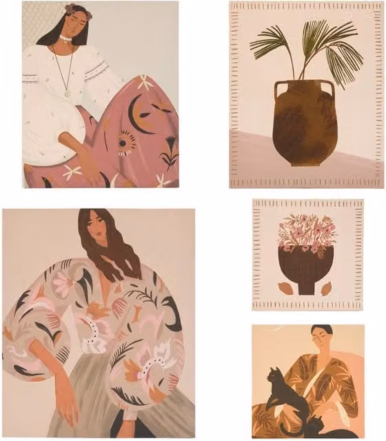 Lote de 5 lienzos impresos Cynthia de Atmosphera en rosa y multicolor con diseño abstracto de estilo moderno para colgar en la pared