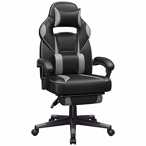 Silla de oficina ergonómica SONGMICS en negro y gris con reposacabezas y materiales de piel sintética, capacidad 150 kg