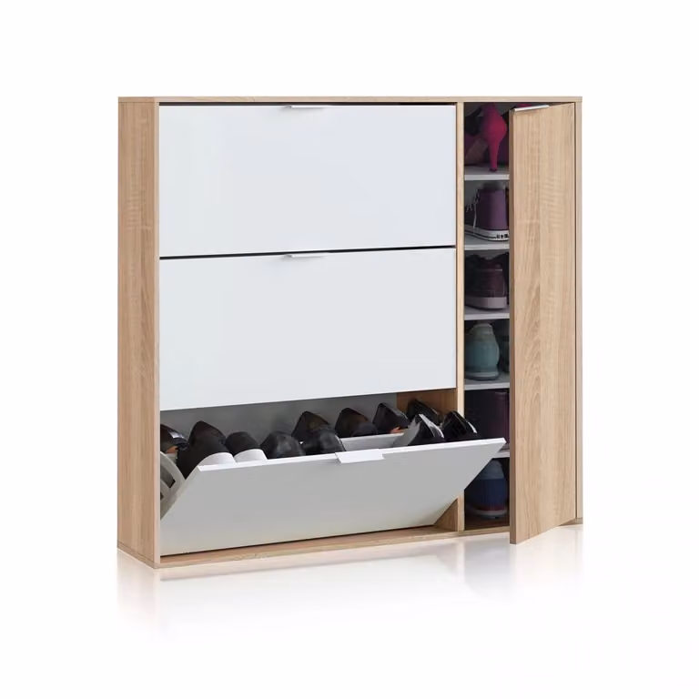 Zapatero de 4 puertas Duehome en blanco roble con estilo escandinavo An/P/Al: 106 x 22 x 115 cm