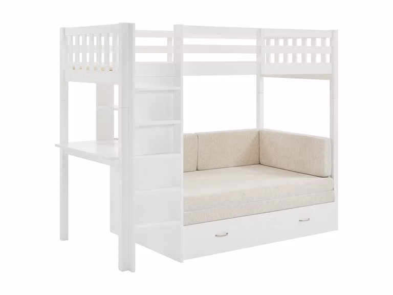 Cama alta con sofá cama Orpelia en pino y MDF, color blanco, An/P/Al: 90 x 190 x 160 cm