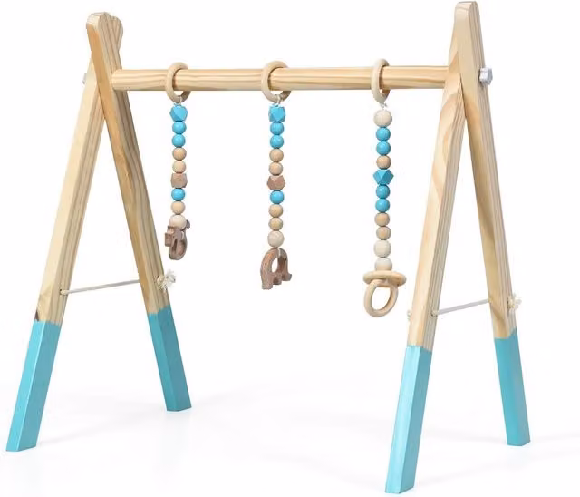 Gimnasio de madera plegable para bebés Costway con juguetes sensoriales y de desarrollo cognitivo, verde y multicolor, An/P/Al: 66 x 40 x 60 cm