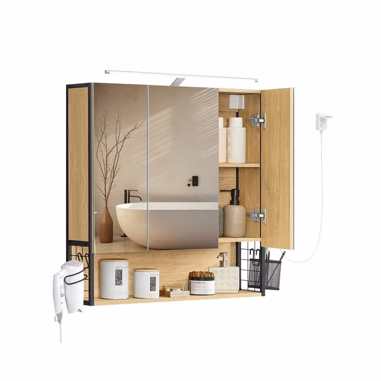 Armario de baño VASAGLE con espejo y luz LED, 3 puertas, roble, An/P/Al: 70 x 16,3 x 70 cm