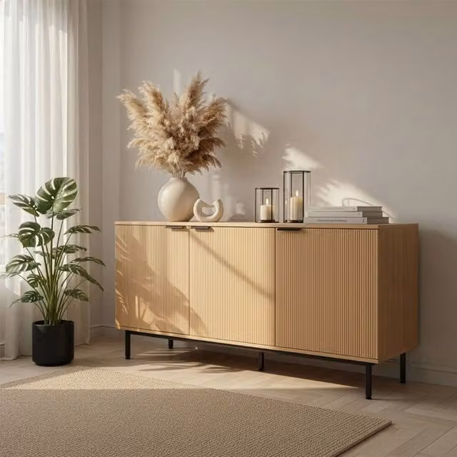 Aparador NYLA Home Deluxe de estilo moderno en acabado roble con iluminación integrada y cajones soft close An/P/Al: 154 x 73 cm