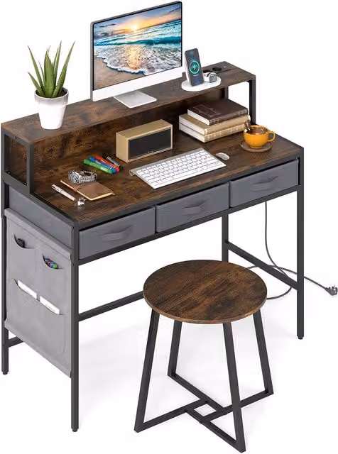 Set de escritorio para ordenador con enchufes y taburete NORTHIX en color marrón rústico