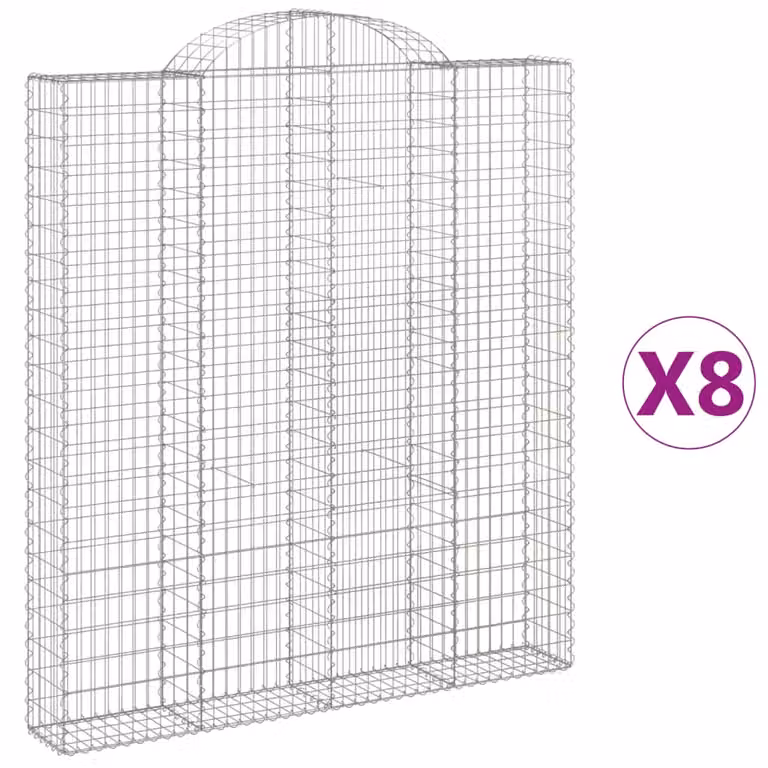 Set de 8 cestas de gaviones vidaXL con forma de arco en acero galvanizado gris, An/P/Al: 200 x 30 x 220/240 cm