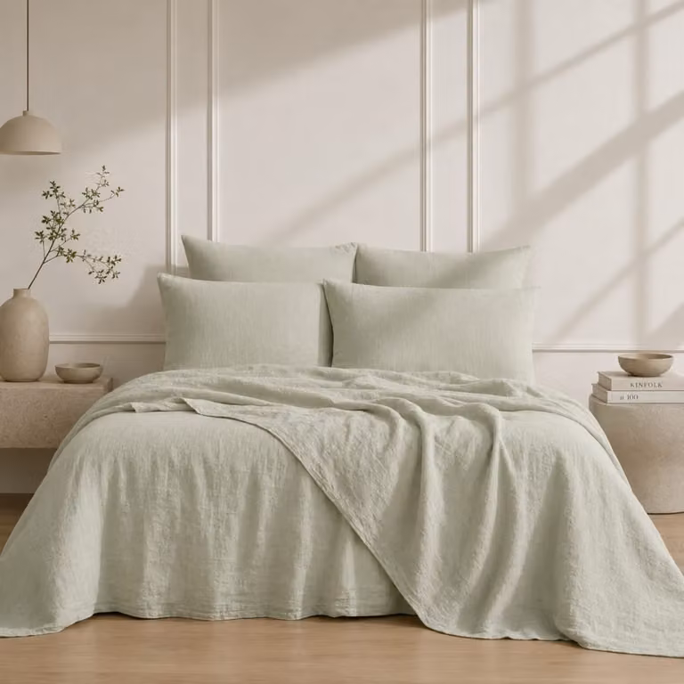 Juego de cama de lino Febronie color verde almendra con funda nórdica de 260 x 240 cm y fundas de almohada de 65 x 65 cm