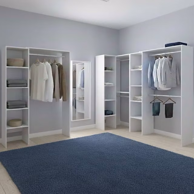 Armario de dormitorio modular DMORA en color blanco con estantes internos y barra de colgar, An: 369 cm, Al: 187 cm