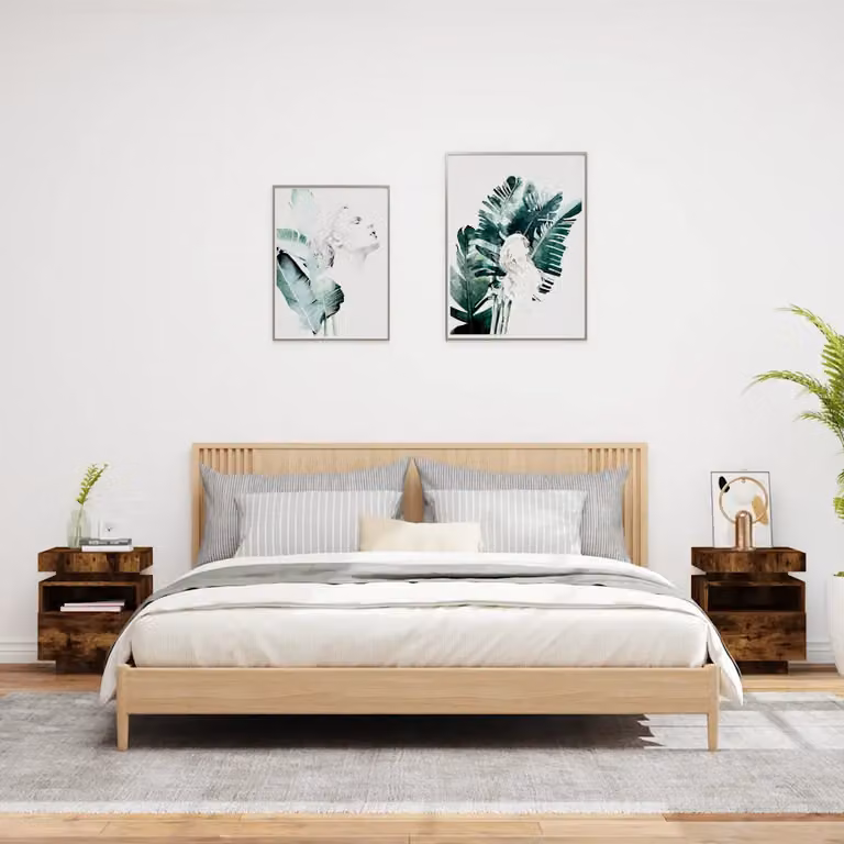 Set de 2 mesitas de noche modernas vidaXL con luces LED integradas en color roble ahumado An/P/Al: 40 x 39 x 48,5 cm