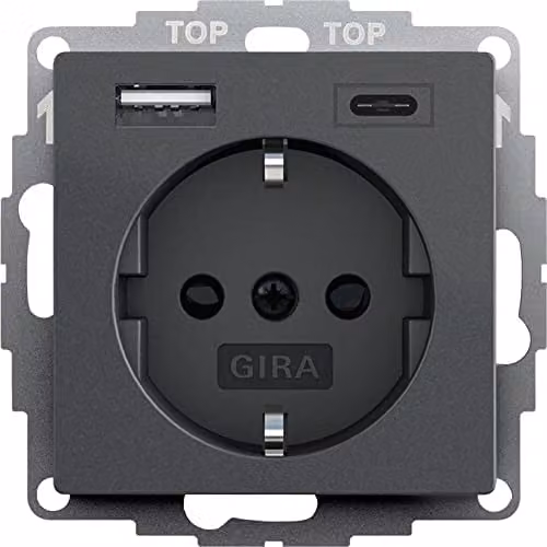 Toma de corriente Schuko Gira con conectores USB tipo A y tipo C, sistema 55, color antracita