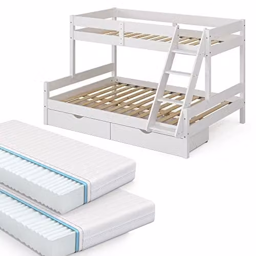 Litera VitaliSpa Everest en madera de pino blanca para niños con 2 colchones, 2 cajones y escalera, An/P/Al: 140 x 200 x 131 cm y 90 x 200 cm