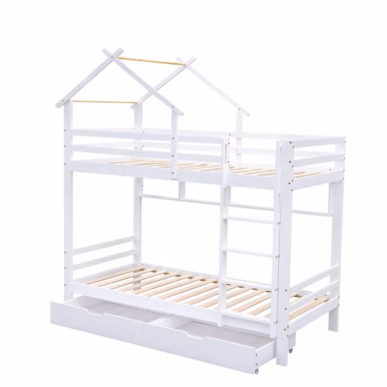 Litera de dos niveles MODFU para niños en madera de pino blanca con estantes integrados, An/P/Al: 90 x 200 x 227 cm