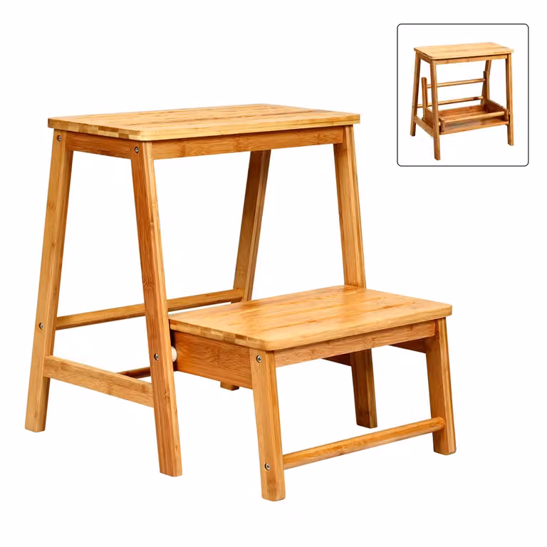 Taburete Plegable de Bambú Costway de 2 Niveles con Pedal Amplio y Ranura Antideslizante, An/P/Al: 45 x 51 x 48 cm