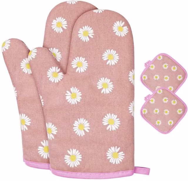 Par de guantes de cocina de algodón DPZO con agarraderas, antideslizantes y lavables, diseño de flores en azul o rosa