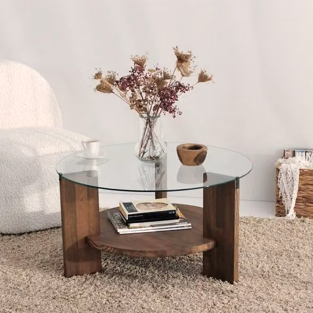 Mesa de centro moderna Menzzo de madera color nogal y cristal transparente An/P/Al: 75 x 75 x 40 cm