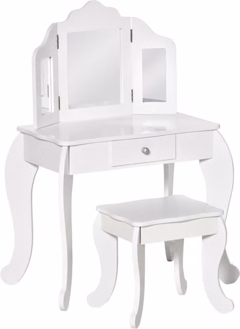 Tocador infantil HOMCOM con taburete, espejo tríptico y cajón deslizante, color blanco brillante, An: 63 cm, P: 40 cm, Al: 85.5 cm