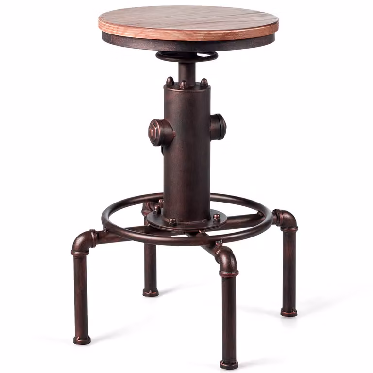 Taburete de Bar Costway de Estilo Industrial con Asiento de Madera y Patas de Metal en Color Bronce, Altura Ajustable de 59,5 a 75 cm y Giro de 360°