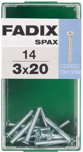 Tornillo de cabeza plana avellanada FADIX de acero galvanizado plateado M3 x 20 mm, caja de 14 unidades