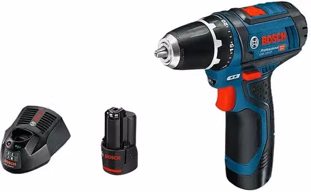 Taladro atornillador percutor a batería Bosch Professional GSB 12V-15 de 12 V con 2 baterías de 2 Ah y cargador en color azul y negro