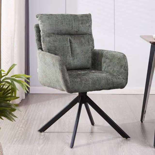 Lote de 8 sillas de comedor Aluna de Home Deluxe en chenilla verde con reposabrazos y estructura metálica, An/P/Al: 72,5 x 59 x 91 cm