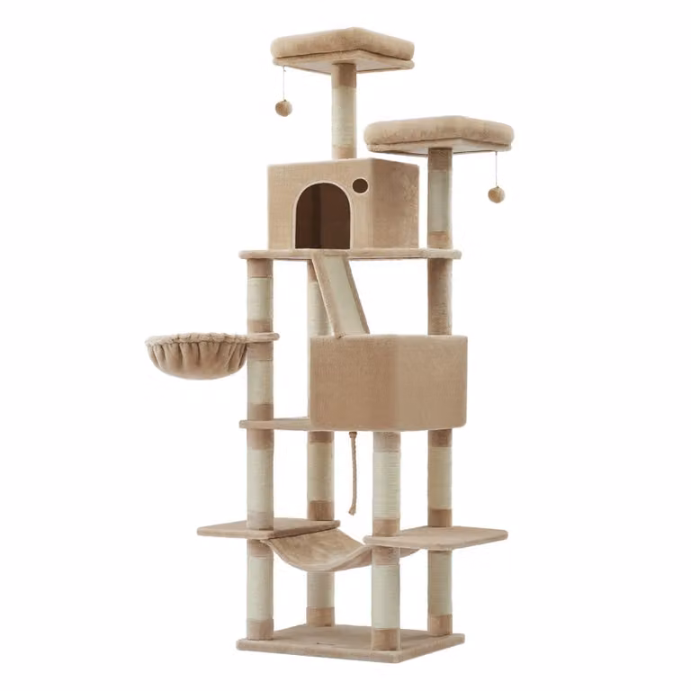 Árbol para gatos Feandrea de 206 cm con cueva, hamaca y juguetes integrados en color marrón y beige