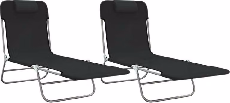 Set de 2 tumbonas plegables Syfax en acero con textilene negro y reposacabezas ajustable para jardín o terraza
