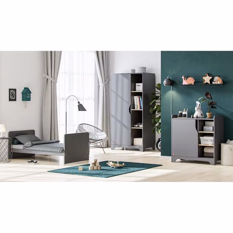 Dormitorio completo para bebé Vox con cuna evolutiva, armario, cómoda y cama en color gris y madera con acabado mate