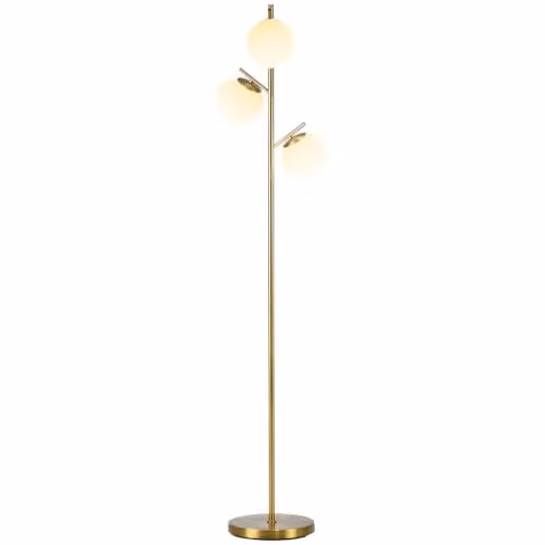 Lámpara de pie moderna Homcom en metal dorado con 3 pantallas de vidrio esmerilado blanco, Altura: 169 cm, Diámetro: 27 cm