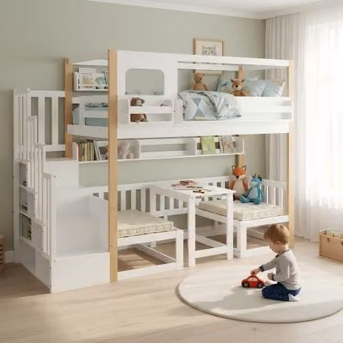 Litera de OKWISH para niños con escritorio integrado, estantes laterales y escalera de almacenamiento, diseño escandinavo en madera y MDF, color blanco y beige, An/P/Al: 90 x 200 x 181 cm