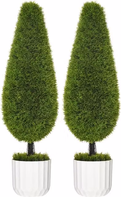 Conjunto de 2 Cipreses Artificiales HOMCOM con Maceta y Musgo en Colores Blanco y Verde